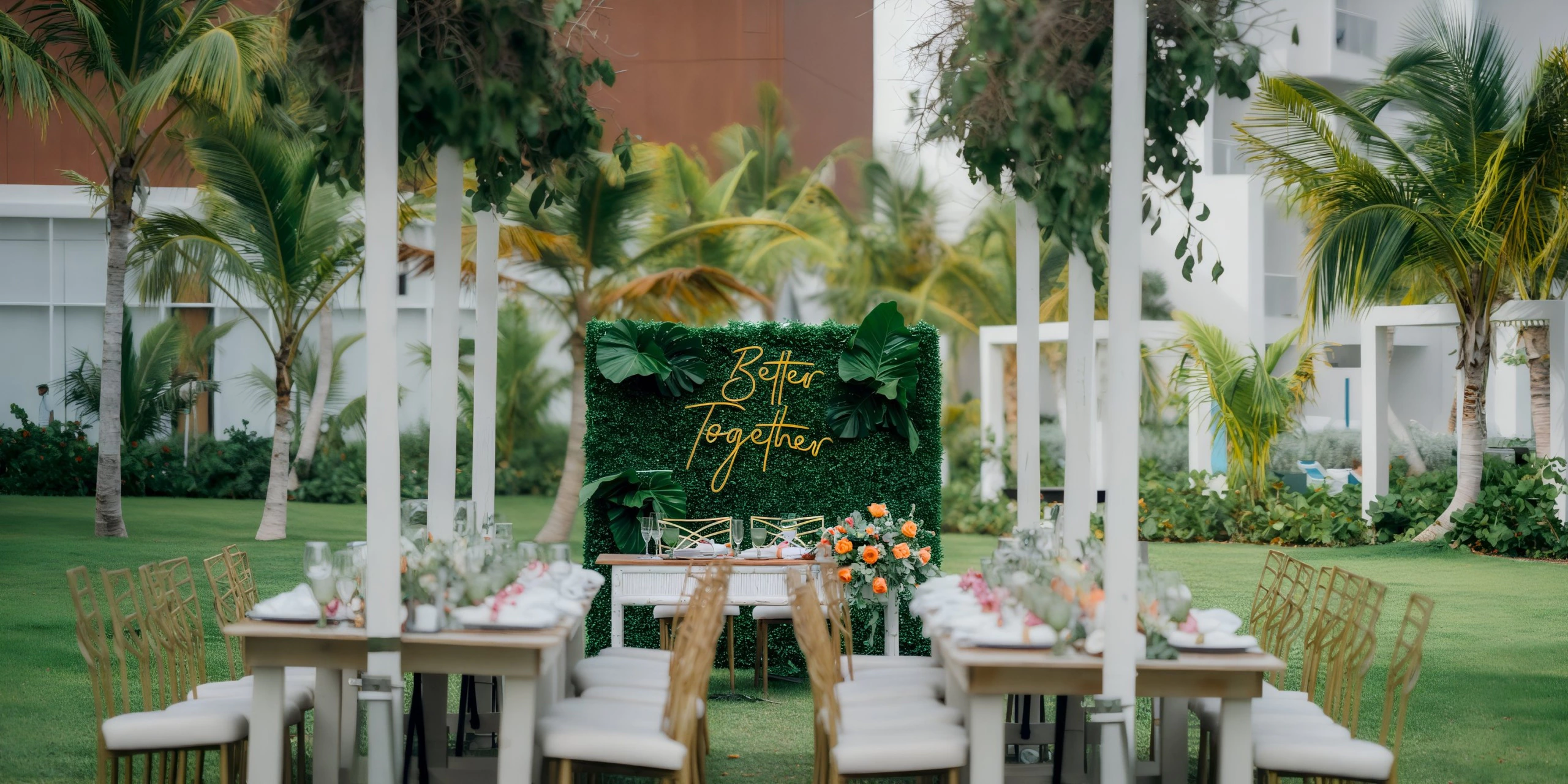 Garden reception setup with greenery backdrop and long banquet tables at Dreams Cap Cana Resort & Spa