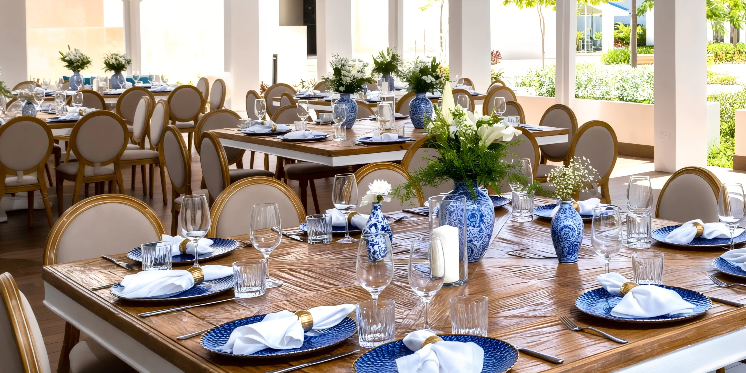 Open-air restaurant reception with blue and white table settings at Dreams Cap Cana Resort & Spa