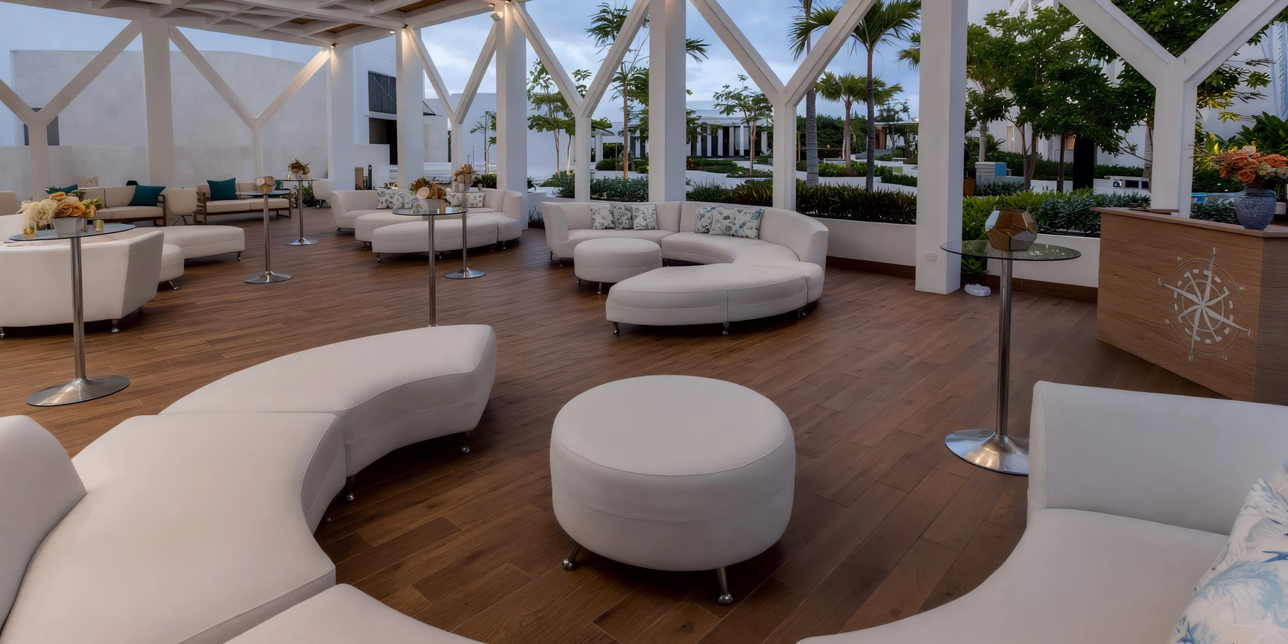 Open-air terrace lounge setup with modern seating at The Restaurant Terrace at Dreams Cap Cana Resort & Spa